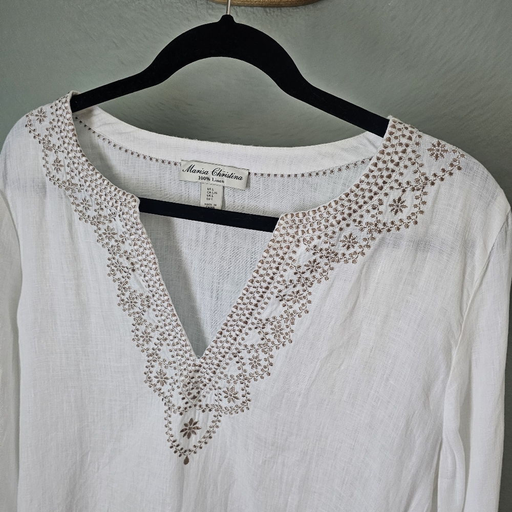 Marisa Christina White Linen Tunic Top Embroidered Size L - Picture 2 of 7
